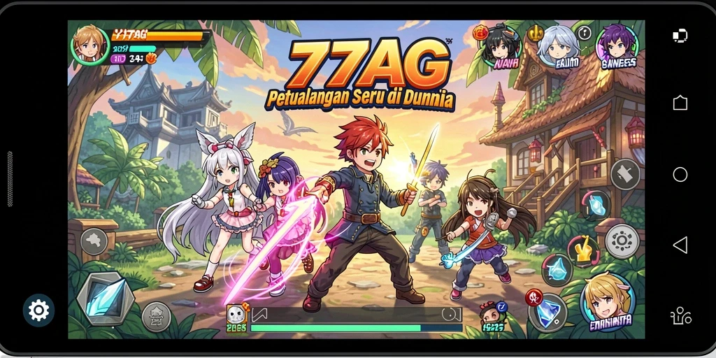 Tangkapan layar gameplay 77AG menampilkan pertarungan karakter anime yang epik.
