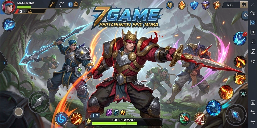 Screenshot permainan MOBA 7GAME menampilkan aksi pertempuran intens.