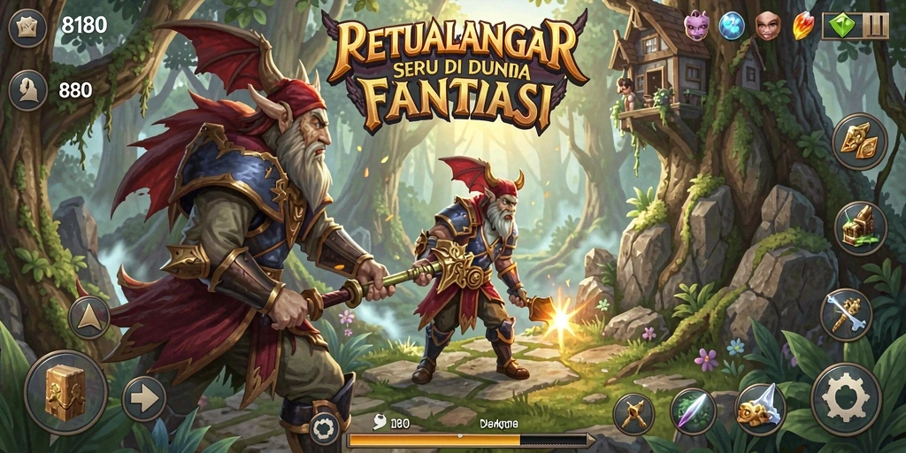 Screenshot menampilkan karakter berkelana di dunia fantasi yang menakjubkan.