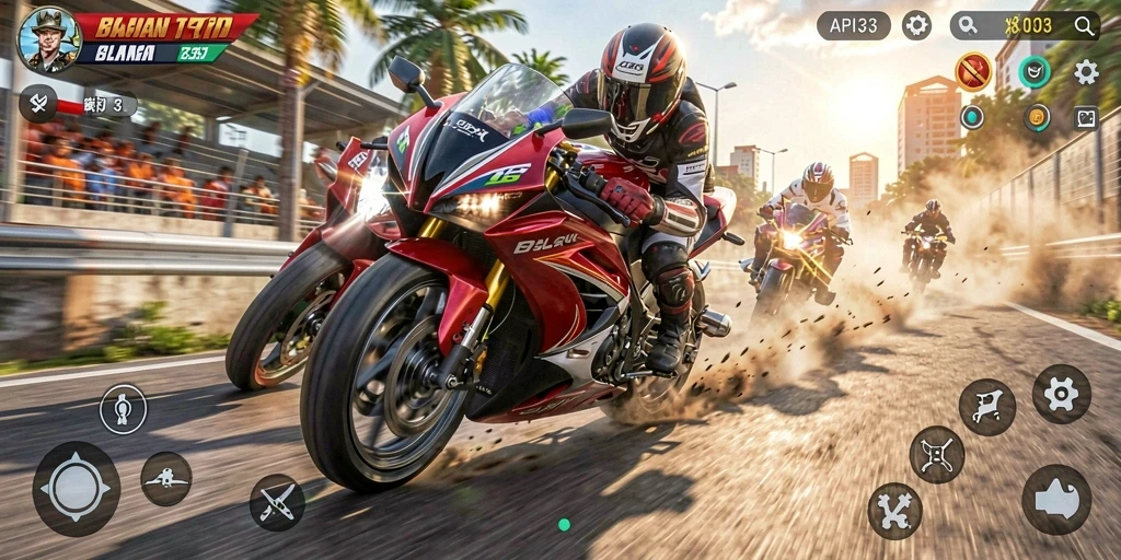 Tampilan gameplay API33 yang menampilkan aksi balap motor intens.