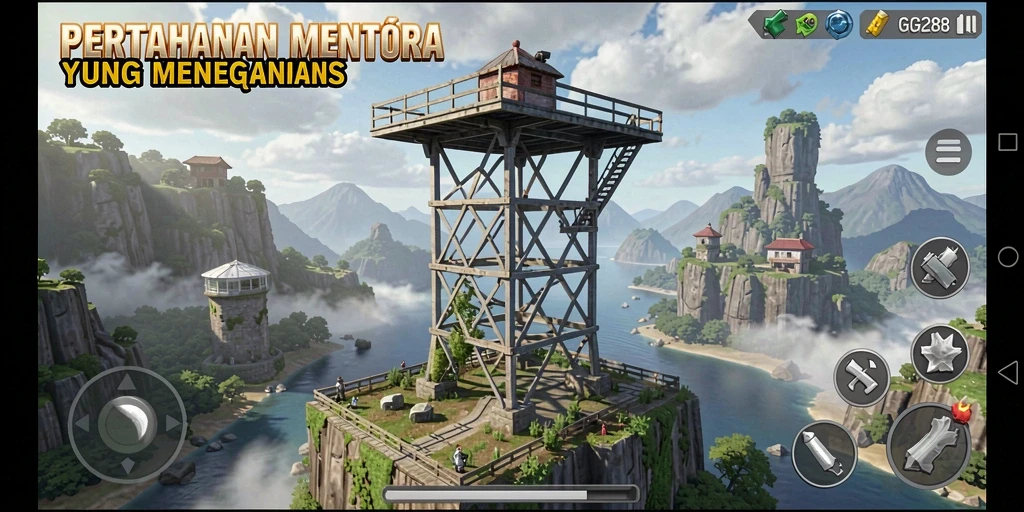 Gameplay GG288 menara pertahanan melawan gelombang musuh.
