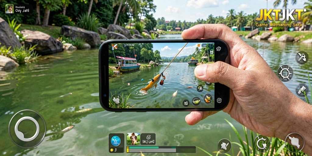 Tampilan gameplay seru memancing di JKTJKT, menunjukkan berbagai jenis ikan.