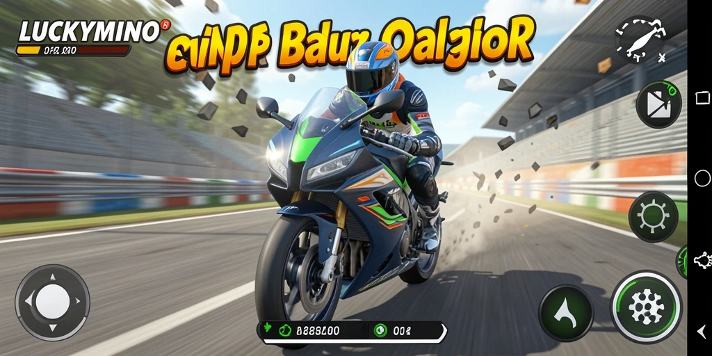 Tampilan gameplay dari <strong>LUCKYMINO</strong> dengan aksi balap motor yang seru.