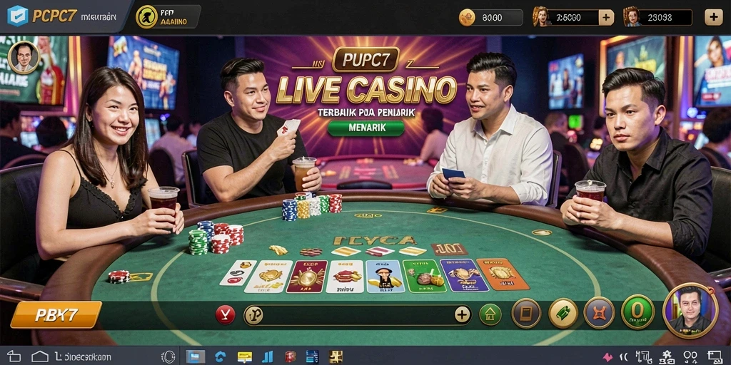 Screenshot utama PCPC7 menampilkan dealer profesional dalam permainan Live Casino.