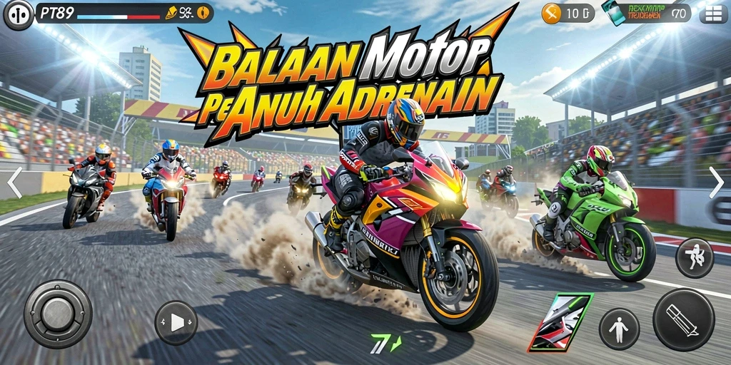 Screenshot utama PT89 menampilkan balapan motor yang seru dan cepat.