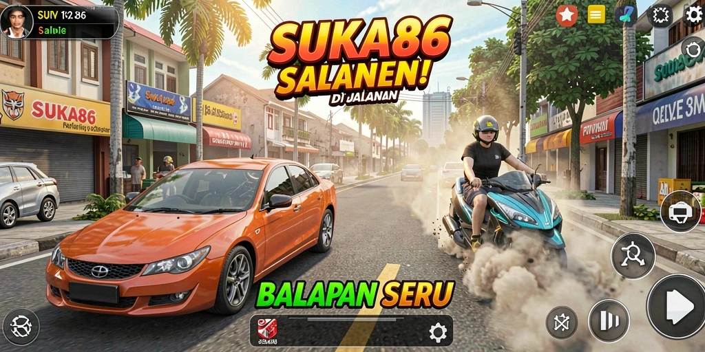 Screenshot gameplay <strong>SUKA86</strong> menampilkan balapan yang mendebarkan.