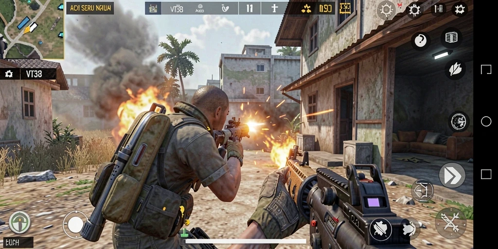 Tangkapan layar gameplay seru dari VT38 menunjukkan aksi tembak-menembak mendebarkan.